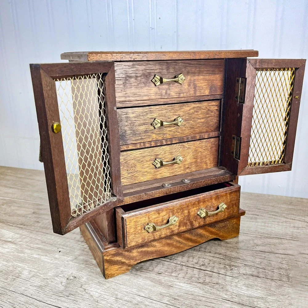 Vintage‎ Wood Musical Jewelry Box Armoire Cabinet Mesh Doors Brown Gold Hardware